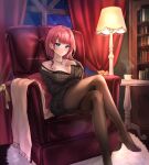  1girl aran_sweater armchair asahina_akane_(nijisanji) bangs black_bra black_dress blue_eyes blush book bookshelf bra breasts brown_pantyhose cable_knit carpet chair commission crossed_legs cup curtains dress earrings feet foot_out_of_frame hand_on_own_chest highres himachidori indoors jewelry lamp large_breasts legs long_hair long_legs looking_at_viewer necklace night nijisanji no_shoes off_shoulder official_alternate_costume pantyhose pillow red_hair saucer single_bare_shoulder sitting solo strap_slip sweater sweater_dress swept_bangs table teacup thighhighs underwear virtual_youtuber window 