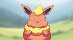  2022 black_nose blurred_background drunk_oak eeveelution eyebrows eyes_closed flareon front_view fur generation_1_pokemon hi_res multicolored_body multicolored_fur nintendo open_mouth pokemon pokemon_(species) yellow_body yellow_fur 