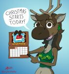  2022 3_fingers anthro antlers blue_background brown_body brown_eyes brown_fur brown_hair calendar capreoline chest_tuft clothing deer digital_drawing_(artwork) digital_media_(artwork) female fingers fur green_clothing green_earring green_shirt green_tank_top green_topwear hair hi_res holding_object hooved_fingers hooves horn looking_at_viewer mammal multicolored_body multicolored_fur pointing_at_object reindeer shirt signature simple_background solo tank_top topwear tuft two_tone_body two_tone_fur zigmenthotep 