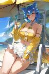  1girl absurdres animal_ears bao_(vtuber) beach beach_chair beach_umbrella blue_hair blue_sky blush bottle breasts camisole cleavage cloud cloudy_sky commentary day detached_collar detached_sleeves drink eyewear_hang eyewear_removed feet_out_of_frame food fruit glasses green_nails highres holding holding_bottle holding_drink indie_virtual_youtuber jewelry large_breasts liquid_hair looking_at_viewer maenoo midriff miniskirt multicolored_hair multicolored_nails nail_polish necklace official_alternate_costume orange_(fruit) outdoors panties parted_lips pleated_skirt ramune red_eyes ribbed_sleeves short_hair sitting skirt sky smile solo strap_slip surfboard sweat symbol-only_commentary thighs umbrella underwear virtual_youtuber whale_girl white_panties white_skirt yellow_camisole yellow_nails 