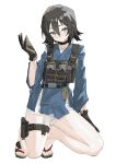  1girl absurdres bangs black_hair blush brown_eyes brown_hair choker flip-flops flipped_hair full_body gloves hand_on_own_leg highres holster japanese_clothes long_sleeves looking_at_viewer midriff_peek original renxzd sandals short_hair shorts simple_background sketch solo squatting tactical_clothes thigh_holster thigh_strap toes vest watch white_background 