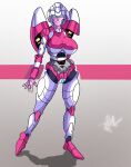  1girl arcee blue_eyes blue_pussy breasts crotchless crotchless_panties hand_on_hip highres humanoid_robot large_breasts mrpalomaguy panties pink_panties pussy robot solo thighs transformers underwear 