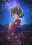  1girl absurdres animal_ears bangs blue_eyes blush cat_ears cat_girl cat_tail floral_print flower from_behind hair_bun hair_flower hair_ornament highres holding_tanzaku indie_virtual_youtuber itigori_ena japanese_clothes kimono long_sleeves looking_at_viewer looking_back mole mole_under_eye mountainous_horizon night night_sky obi open_mouth outdoors railing sash sky solo star_(sky) starry_sky tail tanabata tanzaku tyakomis virtual_youtuber wide_sleeves 