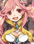  1girl :d bangs blue_gemstone breasts brown_cape cape cleavage commentary_request dress fur-trimmed_cape fur_trim gem long_hair looking_at_viewer medium_breasts official_alternate_costume open_mouth pink_hair ragnarok_online red_eyes smile solo swept_bangs tokio_(okt0w0) upper_body warlock_(ragnarok_online) white_dress 