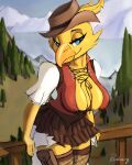  anthro avian beak bedroom_eyes bench big_breasts bottomwear breasts chocobo cleavage clothed clothing cowgirl_outfit female final_fantasy hi_res legwear narrowed_eyes paradoxing seductive signature sitting skirt solo square_enix stockings 