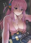  1girl black_skirt blue_eyes bocchi_the_rock! breasts cleavage closed_mouth collarbone cube_hair_ornament electric_guitar gotou_hitori guitar hair_ornament highres indoors instrument jacket kanden_sky large_breasts long_hair long_sleeves looking_at_viewer open_clothes open_jacket pink_hair pink_jacket shaded_face sidelocks skirt solo sweat 