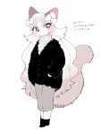  1girl :&lt; animal_nose black_footwear black_jacket blue_eyes blush body_fur boots bow closed_mouth cocri commentary_request flat_chest fur_jacket furry furry_female gradient_hair grey_fur grey_hair grey_sweater hair_bow highres jacket legs_together long_hair long_skirt long_sleeves looking_at_viewer messy_hair multicolored_hair original pencil_skirt simple_background skirt solo sweater translation_request two-tone_fur two-tone_hair v-shaped_eyebrows very_long_hair whiskers white_background white_bow white_fur white_hair 