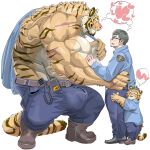 &lt;3 anthro arm_scar back_muscles big_bulge big_muscles blush boots bottomwear brown_hair bulge chan_kiti_chan_(artist) clothing embrace eye_contact eyewear family father father_and_child father_and_son felid footwear fur glasses group hair hand_on_arm hand_on_hip hi_res hug human human_on_anthro interspecies larger_anthro larger_male looking_at_another male male/male mammal multicolored_body multicolored_fur muscular muscular_anthro muscular_male pantherine pants parent parent_and_child police_uniform romantic romantic_couple scar shirtless size_difference son striped_body striped_fur stripes tiger trio uniform white_body white_fur yellow_body yellow_fur 