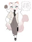  1girl :&lt; animal_ear_fluff animal_ears animal_feet animal_nose aqua_eyes arm_at_side bag black_footwear black_sweater blush body_fur bow brown_jacket brown_skirt cat_ears cat_girl cat_tail cocri commentary_request fangs flat_chest furry furry_female gradient_hair grey_fur grey_hair hair_bow hand_on_hip handbag heart high-waist_skirt highres holding holding_bag jacket jewelry long_hair long_skirt long_sleeves looking_at_viewer multicolored_hair necklace open_clothes open_jacket open_mouth original pearl_necklace pencil_skirt platform_footwear pocket sandals skirt solo speech_bubble sweater tail talking thought_bubble translation_request two-tone_fur two-tone_hair very_long_hair walking whiskers white_bow white_fur white_hair 