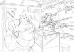  2021 anthro arm_support assault_rifle belly big_belly bottomwear canid canine canis cettus clothed clothing dalmatian domestic_cat domestic_dog duo felid feline felis female glass gun handgun holding_object holding_weapon inside leaning_on_elbow male mammal obese obese_anthro obese_female overweight overweight_anthro overweight_female pants pistol rack_(disambiguation) ranged_weapon rifle sarka_svobodova shirt sketch sniper_rifle store topwear vest weapon 