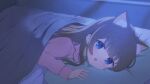  1girl absurdres animal_ears bangs bed blanket blue_eyes blush brown_hair cat_ears cat_girl collared_shirt hair_down highres indie_virtual_youtuber itigori_ena light_particles long_sleeves looking_at_viewer lying mole mole_under_eye moonlight on_bed on_stomach open_mouth pajamas pillow pov_across_bed shirt solo tyakomis under_covers virtual_youtuber 