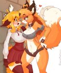  &lt;3 2022 2_tails against_surface against_wall ahoge anthro bedroom_eyes blush bottomwear bow_tie breasts canid canine cleavage clothed clothing collar digital_media_(artwork) duo ear_piercing ear_ring eye_contact female female/female fox fur hair half-closed_eyes hand_on_hip hand_on_wall hi_res inner_ear_fluff jasminthemanticore looking_at_another mammal multi_tail multicolored_body narrowed_eyes navel navel_piercing nervous open_mouth orange_body orange_fur piercing red_bottomwear red_clothing red_skirt ring_piercing seductive shirt shorts skimpy skirt smile standing text topwear tuft unzipped_shorts white_body yellow_body yellow_fur 