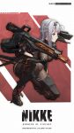  1girl armor bodystocking breasts cleavage copyright_name full_body goddess_of_victory:_nikke grey_hair hairband highres kneeling long_hair mecha_musume modernia_(nikke) official_art red_eyes ribbon see-through_cleavage shoulder_armor sidelocks solo weapon zoom_layer 