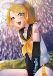  1girl arms_between_legs bangs belt blonde_hair blue_eyes blush bow cyomotaya detached_sleeves fang fireworks flipped_hair grass hair_bow hair_ornament hairband hairclip highres kagamine_rin long_hair long_sleeves looking_at_viewer midriff_peek neckerchief night night_sky open_mouth outdoors parted_bangs sailor_collar shirt shorts sitting sky sleeveless sleeveless_shirt smile solo vocaloid 