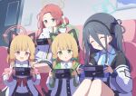  4girls animal_ear_headphones animal_ears aris_(blue_archive) bangs black_hair blonde_hair blue_archive blue_eyes blush bottomless bow cat_ear_headphones closed_eyes collared_shirt couch fake_animal_ears green_eyes hair_bow hairband halo handheld_game_console headphones high_collar highres holding holding_handheld_game_console hood hoodie indoors knees_up long_bangs long_hair long_sleeves midori_(blue_archive) momoi_(blue_archive) multiple_girls necktie on_couch one_side_up open_mouth pink_eyes red_hair shirt sitting smile sticker tail tyakomis yuzu_(blue_archive) 
