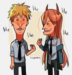  1boy 1girl absurdres artist_name beavis beavis_(cosplay) beavis_and_butt-head black_necktie black_pants blonde_hair blue_jacket brown_hair butt-head butt-head_(cosplay) chainsaw_man collared_shirt cosplay denji_(chainsaw_man) food highres horns huyandere jacket long_hair looking_at_another looking_to_the_side mike_judge_(style) necktie off_shoulder pants power_(chainsaw_man) red_horns sharp_teeth shirt shirt_partially_tucked_in shirt_tucked_in short_hair simple_background sleeves_rolled_up smile teeth white_background white_shirt 