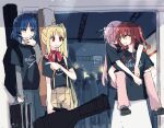  4girls blonde_hair blue_hair bocchi_the_rock! briefcase carrying carrying_person cube_hair_ornament giggling gotou_hitori guitar_case hair_ornament holding holding_briefcase ijichi_nijika instrument_case kita_ikuyo long_hair multiple_girls necktie one_side_up pants pink_hair pleated_skirt pointing pointing_at_another red_eyes red_hair shiroshi_(denpa_eshidan) shirt short_hair side_ponytail skirt suspenders t-shirt unconscious yamada_ryou yellow_eyes 