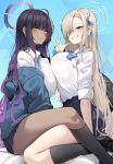  2girls asuna_(blue_archive) bag bangs black_socks blue_archive blue_bow blue_bowtie blue_eyes blue_skirt blush bow bowtie breasts closed_mouth collared_shirt dark-skinned_female dark_skin ddangbi from_side gradient_hair grey_hair hair_over_one_eye halo highres karin_(blue_archive) kneehighs large_breasts long_hair long_sleeves looking_at_viewer looking_to_the_side multicolored_hair multiple_girls one_eye_covered parted_lips purple_hair shirt shoulder_bag sitting skirt smile socks teeth thighs white_shirt yellow_eyes 