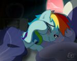  2016 bed bed_hair bedding bedroom blanket blue_body blush digital_media_(artwork) equid equine female feral friendship_is_magic furniture hair hasbro hi_res horse lidded_eyes lying lying_on_bed mammal mane messy_mane multicolored_hair my_little_pony on_bed on_model one_eye_closed pillow pony ponyecho rainbow_dash_(mlp) rainbow_hair signature solo sunrise tired 