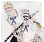  2boys arm_tattoo beard bird black_hair blonde_hair cloud coat cross_print disguise donquixote_doflamingo epaulettes facial_hair fake_facial_hair fake_mustache fur_trim height_difference male_focus multiple_boys one_piece over_shoulder ribbon sailor_collar seagull shirt short_hair sleeveless sunglasses sword sword_over_shoulder tattoo trafalgar_law weapon weapon_over_shoulder white_coat white_headwear white_shirt yuntyaki_cp 