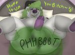  anal anthro anus bear bed clothing dialogue dylandaburr dylandaburr_(artist) ear_piercing eyeshadow fart fart_cloud fart_fetish farting_at_viewer fur furniture genitals green_hair grey_body grey_fur hair hands_on_legs hands_on_thighs hat headgear headwear hi_res looking_at_viewer lying makeup male mammal on_back oral penile penis piercing presenting rimming sex solo spread_anus spreading 