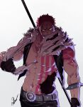  1boy abs artist_request bad_artstation_id bad_id bare_pectorals charlotte_katakuri check_artist chest_tattoo contrapposto eye_trail frown gloves highres injury jacket large_pectorals leather leather_jacket light_trail looking_at_viewer male_focus muscular muscular_male navel navel_hair one_piece open_clothes open_jacket pants pectorals pink_hair serious short_hair signature sleeveless sleeveless_jacket solo stitches stomach tattoo tearing_clothes torn_clothes tusks whav_ver white_background 