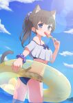  1girl absurdres animal_ears ass bangs bikini blue_eyes blurry blush bokeh bow bow_bikini breasts cat_ears cat_girl cat_tail depth_of_field eating food frilled_bikini frills from_behind hair_ornament hair_scrunchie highres holding holding_food holding_innertube indie_virtual_youtuber innertube itigori_ena looking_back medium_breasts mole mole_under_eye ocean outdoors polka_dot polka_dot_scrunchie ponytail popsicle rock scrunchie sky solo swimsuit tail tyakomis virtual_youtuber wading water watermelon_bar wrist_scrunchie 