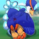  2022 anthro anus backsack balls beak bedroom_eyes big_butt blurred_background bodily_fluids bubble_butt butt butt_grab butt_squish claws eyelashes feathers feet generation_9_pokemon genitals girly hand_on_butt hi_res huge_butt huge_thighs kneeling looking_back male narrowed_eyes nintendo non-mammal_balls nude outside perineum pokemon pokemon_(species) presenting presenting_hindquarters quaquaval seductive shadow sharkysocks smile soles solo squish sweat sweaty_butt talons thick_thighs tuft watermark 