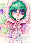  1girl animal_hood blue_eyes cape capelet club_(shape) cosplay food fruit fur_trim grapes green_hair hood hood_up hooded_capelet kigurumi looking_at_viewer mawari28 monocle one_piece pink_capelet short_hair smile solo_focus sugar_(one_piece) traditional_media upper_body 