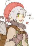  1boy :d backpack bag bangs beanie brown_cat brown_gloves brown_sweater cat commentary_request gloves green_eyes green_vest grey_hair hat heart long_sleeves looking_at_viewer male_focus merchant_(ragnarok_online) open_mouth poring ragnarok_online short_hair simple_background smile solo sweater teeth themed_object tokio_(okt0w0) upper_body upper_teeth_only vest white_background 