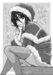  1girl alternate_costume bangs black_eyes black_hair bleach capelet dress fur_trim hair_between_eyes hand_on_own_chin hand_on_own_face hat head_rest kuchiki_rukia kudou_masashi long_sleeves looking_at_viewer monochrome santa_costume santa_dress santa_hat short_hair sitting smile solo thighhighs 