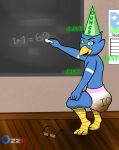  anthro berdly classroom clothing deltarune diaper dunce_cap feces hat headgear headwear hi_res hypnosis infantilism intelligence_loss male messy_diaper mind_control oswald_the_otter public school soiling solo undertale_(series) 