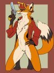  absurd_res anthro barely_visible_genitalia barely_visible_pussy breasts canid canine clothing coat countershading eye_markings facial_markings female flintlock_pistol fluffy fluffy_hair fluffy_tail fox genitals green_eyes gun hair hand_on_hip head_markings hi_res holding_gun holding_object holding_weapon mammal markings mostly_nude navel neck_tuft nipples open_mouth open_smile orange_body pirate pirate_coat pirate_hat pussy ranged_weapon red_fox scar simple_background small_breasts smile solo teeth topwear tuft weapon xzorgothoth 