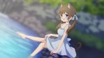  1girl :3 absurdres animal_ears bangs barefoot blue_eyes blurry blurry_background blush bow brown_hair cat_ears cat_girl cat_tail dress fang feet foot_out_of_frame hair_ribbon highres indie_virtual_youtuber itigori_ena legs long_hair looking_at_viewer low_twintails mole mole_under_eye on_rock open_mouth outdoors outstretched_leg ribbon sash sitting sitting_on_rock skin_fang sleeveless sleeveless_dress soaking_feet solo tail toes twintails tyakomis virtual_youtuber water 
