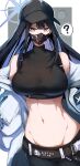  1girl ? absurdres bangs bare_shoulders baseball_cap belt black_hair blue_archive blue_eyes blue_hair border breasts coat colored_inner_hair crop_top expressionless gin_moku groin hat highres large_breasts long_hair looking_at_viewer mask midriff mouth_mask multicolored_hair navel open_clothes open_coat outside_border saori_(blue_archive) sensei_(blue_archive) sleeveless sleeveless_turtleneck sleeveless_turtleneck_crop_top solo spoken_question_mark standing stomach turtleneck turtleneck_crop_top two-tone_hair upper_body white_border 