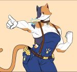  anthro bobaocto calico_cat cat_tail clothing crossgender domestic_cat dot_eyes epic_games eyelashes felid feline felis female fortnite gesture gun_holster mammal meowscles mottled mtf_crossgender muscular muscular_anthro muscular_female overalls piebald pointing pose smile smirk solo standing 