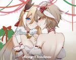  2girls back bangs bell bianka_durandal_ataegina blonde_hair blue_eyes blurry blurry_background braid breasts brown_hair christmas cleavage closed_mouth detached_sleeves dress fur_trim gloves hair_between_eyes hair_ornament hand_on_another&#039;s_shoulder highres honkai_(series) honkai_impact_3rd jingle_bell large_breasts long_hair looking_at_viewer looking_back merry_christmas multiple_girls neck_bell red_eyes red_ribbon ribbon rita_rossweisse short_hair smile standing white_dress white_gloves youmiao_oxo 