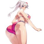  1girl american_flag_bikini ass bangs bare_shoulders bikini blue_eyes blush breasts bun_cover fate/grand_order fate_(series) flag_print hair_bun hair_ribbon large_breasts long_hair looking_at_viewer looking_back miyamoto_musashi_(fate) miyamoto_musashi_(swimsuit_berserker)_(fate) miyamoto_musashi_(swimsuit_berserker)_(second_ascension)_(fate) munashi_mujou open_mouth pink_hair ribbon single_side_bun solo swept_bangs swimsuit thighs 