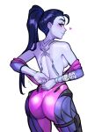  1girl artist_name ass back_tattoo backboob bare_shoulders blushyspicy bodysuit breasts colored_skin commentary cowboy_shot earrings from_behind heart highres jewelry long_hair looking_at_viewer looking_back medium_breasts overwatch pink_bodysuit ponytail purple_hair purple_skin solo tattoo undressing widowmaker_(overwatch) 