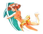  1990s_(style) 1girl barefoot bikini blush brown_eyes brown_hair hair_bobbles hair_ornament inflatable_dolphin inflatable_toy kai_tomohisa looking_at_viewer looking_back nagakura_emiru non-web_source object_hug official_art open_mouth retro_artstyle sarong sentimental_graffiti short_hair side-tie_bikini_bottom solo swimsuit twintails yellow_bikini 