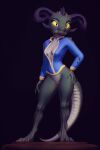  2022 3d_(artwork) anthro barefoot bethesda_softworks bottomless breasts clothed clothing curved_horn deathclaw digital_media_(artwork) digitigrade fallout feet female hi_res horn kobold non-mammal_breasts scalie shirt shydale solo spikes spikes_(anatomy) standing topwear torn_clothing two-tone_body two-tone_tail vault_suit yellow_eyes 
