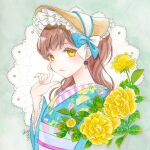  1girl bangs bow brown_hair earrings flower hat highres japanese_clothes jewelry kimono leaf lolita_fashion long_hair long_sleeves looking_at_viewer original rose sheepd smile solo traditional_media upper_body watercolor_pencil_(medium) yellow_eyes yellow_flower yellow_rose 