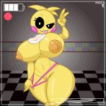  animatronic anthro areola avian beakless bib big_breasts bird black_sclera breasts brown_areola brown_nipples camera_view chicken clothed clothing detailed_background eyelashes female five_nights_at_freddy&#039;s five_nights_at_freddy&#039;s_2 flashing flashing_pussy galliform gallus_(genus) genitals gesture head_feathers head_tuft hi_res huge_breasts looking_at_viewer machine navel nipples panties panties_down partially_clothed phasianid pink_clothing pink_panties pink_underwear pixizi pussy robot rosy_cheeks scottgames solo thick_thighs tongue tongue_out toy_chica_(fnaf) tuft underwear underwear_down v_sign white_eyes wide_hips yellow_body 