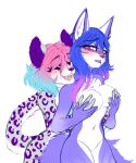  absurd_res anthro blue_hair blush breast_play breasts canid canine duo felid female female/female fox from_behind_position fur green_eyes grey_body grey_fur hair hand_on_breast hand_on_hand heterochromia hi_res leopard_spots mammal medium_breasts multicolored_body multicolored_hair open_mouth pantherine pink_hair purple_body purple_fur purple_hair red_eyes sex sinclair_(mavis_delcat) snow_leopard spots surprise_chell two_tone_body two_tone_hair vivian_(mavis_delcat) 