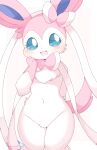 2022 anthro anthrofied blue_eyes blush canid cute_fangs eeveelution eyelashes featureless_crotch female female_anthro flat_chested fur generation_6_pokemon happy hi_res kemono kuzuyu looking_at_viewer mammal multicolored_body multicolored_fur nintendo nude open_mouth open_smile pink_body pink_fur pokemon pokemon_(species) pokemorph portrait smile smiling_at_viewer solo sylveon three-quarter_portrait tongue white_body white_fur wide_hips 