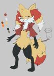  2022 4_fingers absurd_res ambiguous_gender amogus anthro braixen chest_tuft cute_fangs eyewear fingers fur generation_6_pokemon glasses grey_background hi_res inner_ear_fluff looking_at_viewer multicolored_body multicolored_fur mxlovegopdng nintendo orange_eyes palette paws pokemon pokemon_(species) simple_background tuft twig two_tone_body two_tone_fur yellow_body yellow_fur 