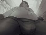  2022 absurd_res anthro bottomwear bulge canid canine clothing hi_res kemono male mammal overweight overweight_male pants raccoon_dog sitting solo tanuki yamakake 