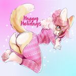  anthro blep blue_eyes blush brown_body brown_fur butt canid canine canis christmas christmas_clothing claws clothing domestic_dog eyewear female fur glasses hair herding_dog hi_res holidays lizombie looking_at_viewer looking_back looking_back_at_viewer mammal painted_claws pajama_pants pajama_shirt pajamas pastoral_dog pawpads paws pink_claws pink_hair ring_(jewelry) smile solo tongue tongue_out welsh_corgi 
