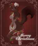  2021 anthro areola barefoot biped breasts brown_body brown_fur bulochka butt callie_(gunn3r916) canid canine christmas countershade_fur countershade_torso countershading digital_media_(artwork) feet female folded_ears fur hair hi_res hindpaw holidays looking_at_viewer looking_back looking_back_at_viewer mammal merry_christmas nipples nude on_one_leg orange_hair pawpads paws pink_areola pink_nipples pink_nose pink_pawpads raised_tail rear_view red_background shaded simple_background solo standing string_lights tail white_body white_fur 