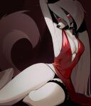  2022 anthro biped breasts canid canid_demon cleavage clothed clothing collar demon dress feliscede female hair hellhound helluva_boss hi_res long_hair looking_at_viewer loona_(helluva_boss) mammal on_ground pupils raised_arm red_sclera simple_background slit_pupils solo underwear watermark white_body 